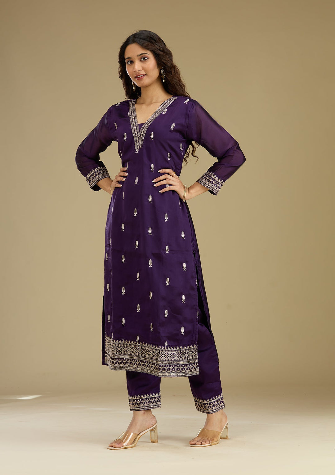 Purple Zariwork Semi Crepe Readymade Salwar Suit-Koskii