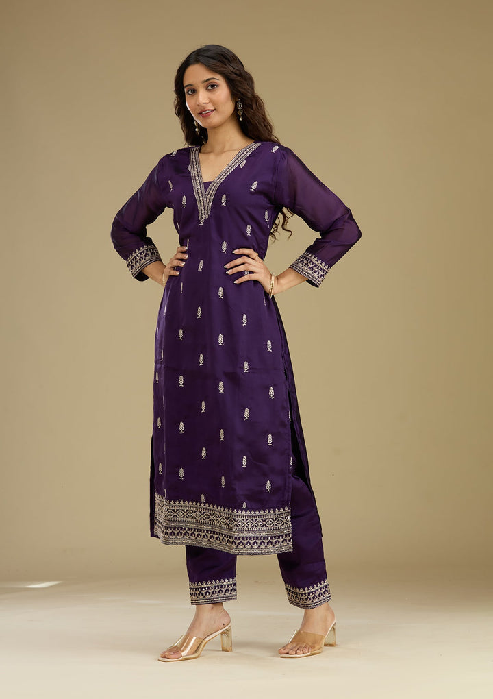 Purple Zariwork Semi Crepe Readymade Salwar Suit-Koskii