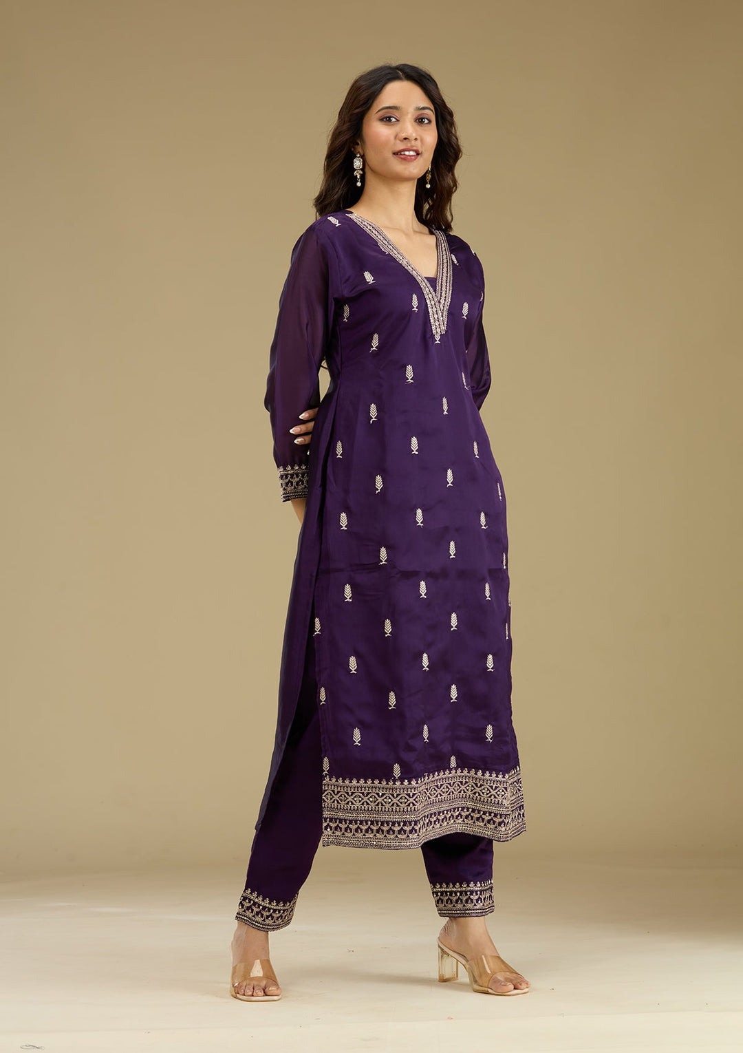 Purple Zariwork Semi Crepe Readymade Salwar Suit-Koskii