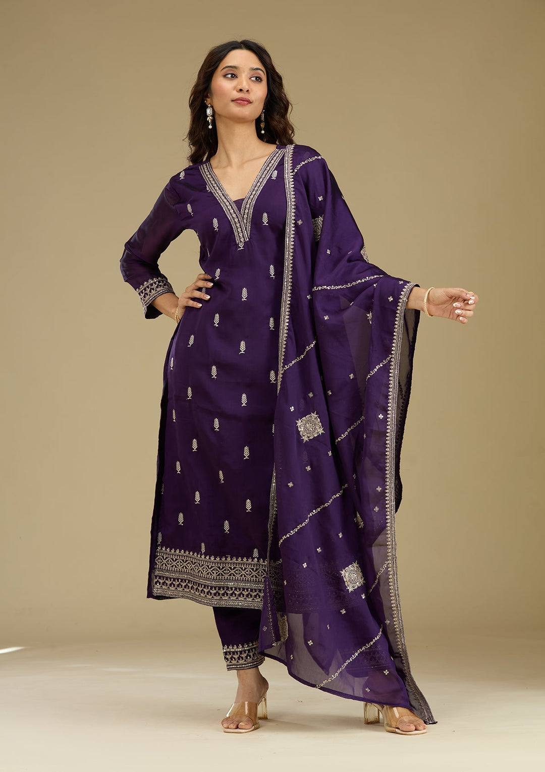 Purple Zariwork Semi Crepe Readymade Salwar Suit-Koskii