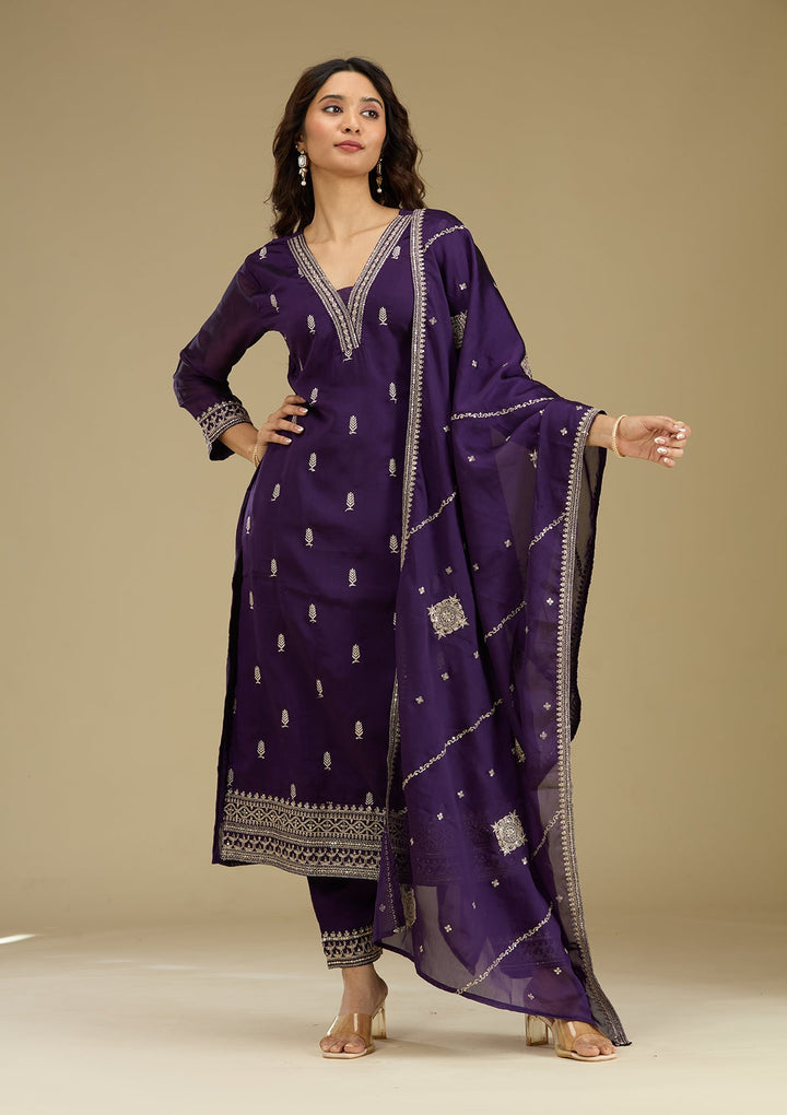 Purple Zariwork Semi Crepe Readymade Salwar Suit-Koskii