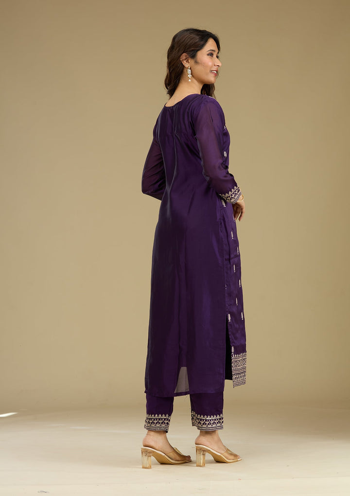 Purple Zariwork Semi Crepe Readymade Salwar Suit-Koskii