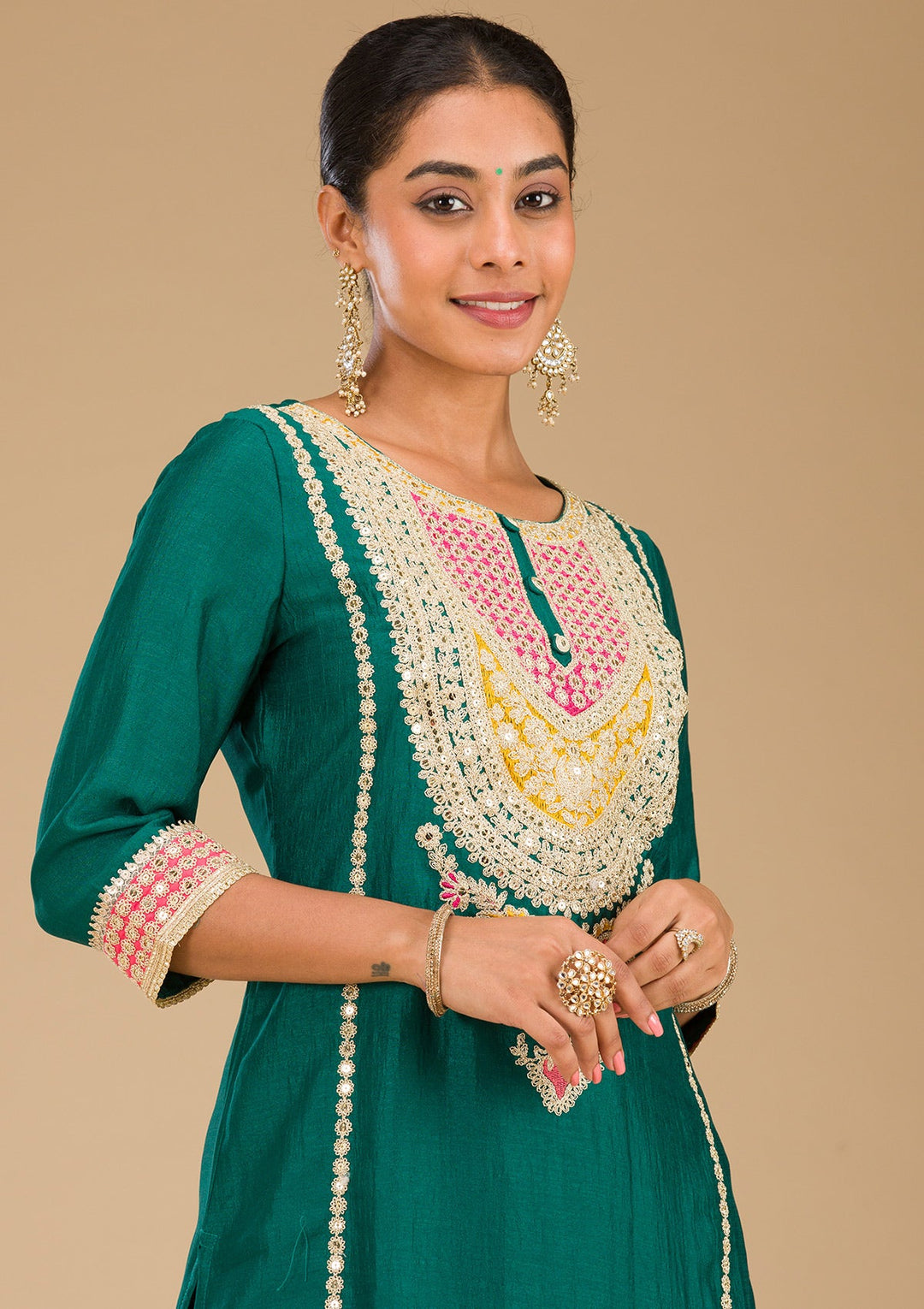 Rama Green Zariwork Semi Crepe Readymade Salwar Suit-Koskii