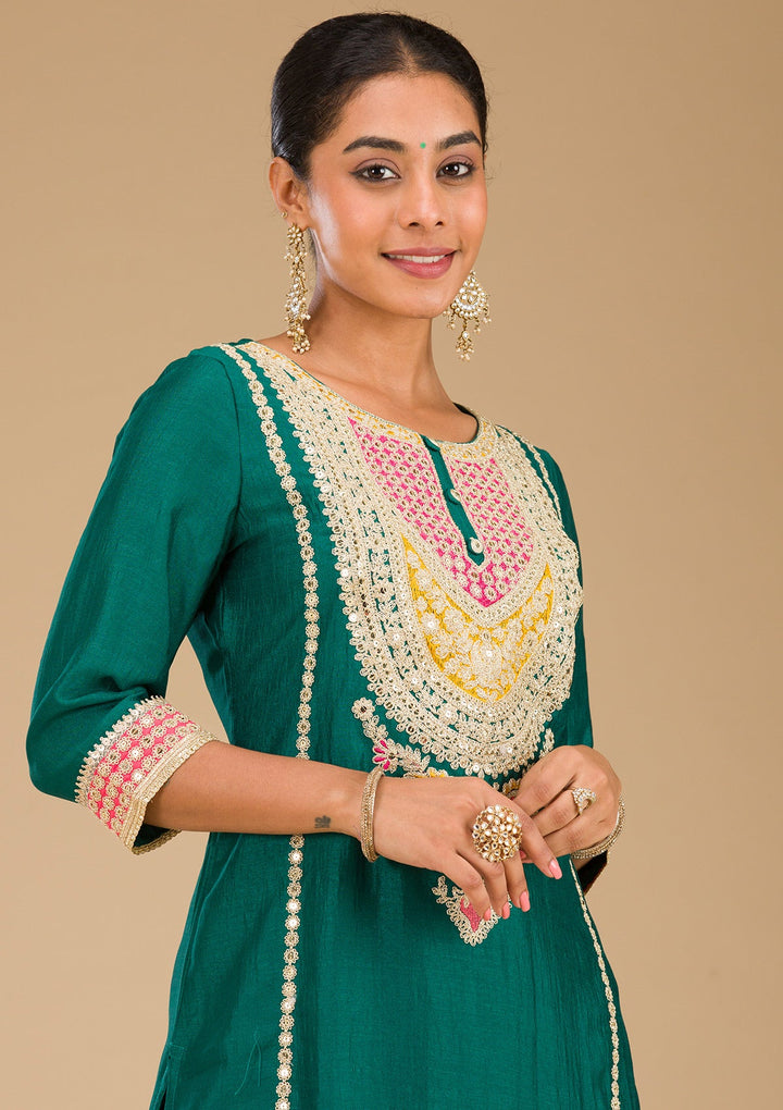 Rama Green Zariwork Semi Crepe Readymade Salwar Suit-Koskii