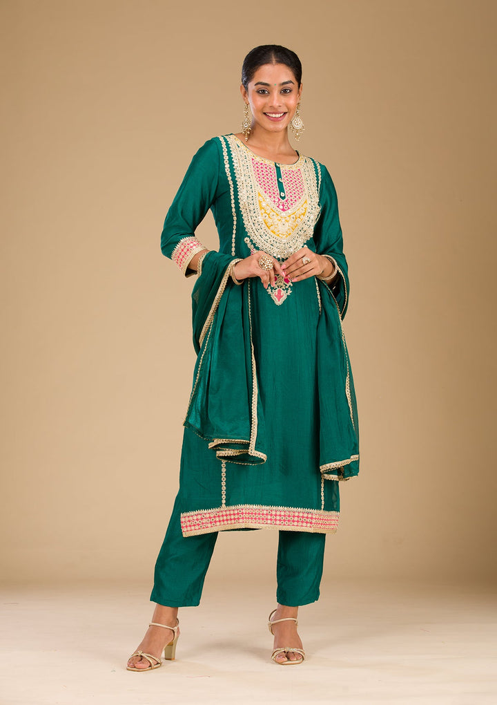 Rama Green Zariwork Semi Crepe Readymade Salwar Suit-Koskii
