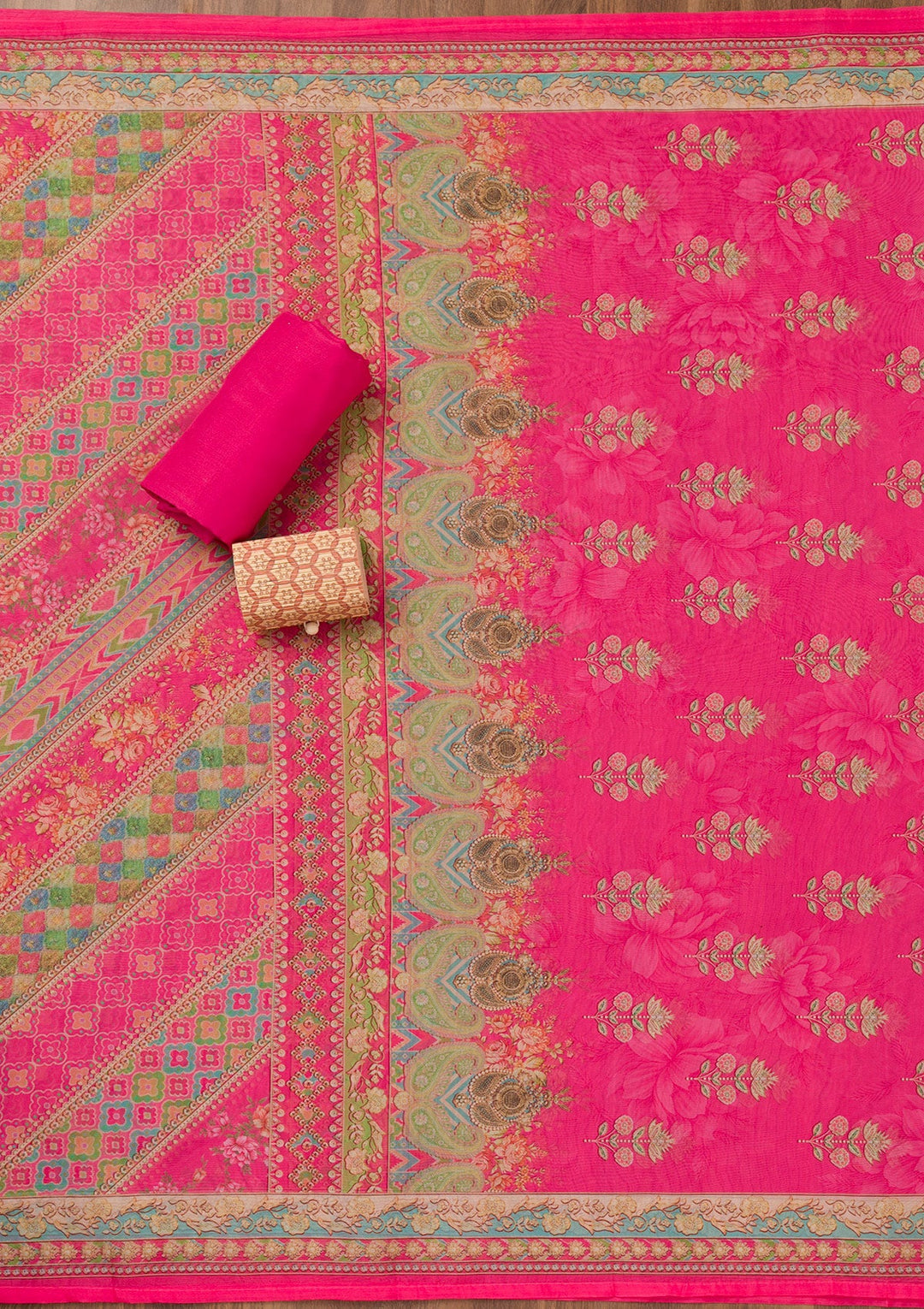 Rani Pink Printed Chanderi Unstitched Salwar Suit-Koskii
