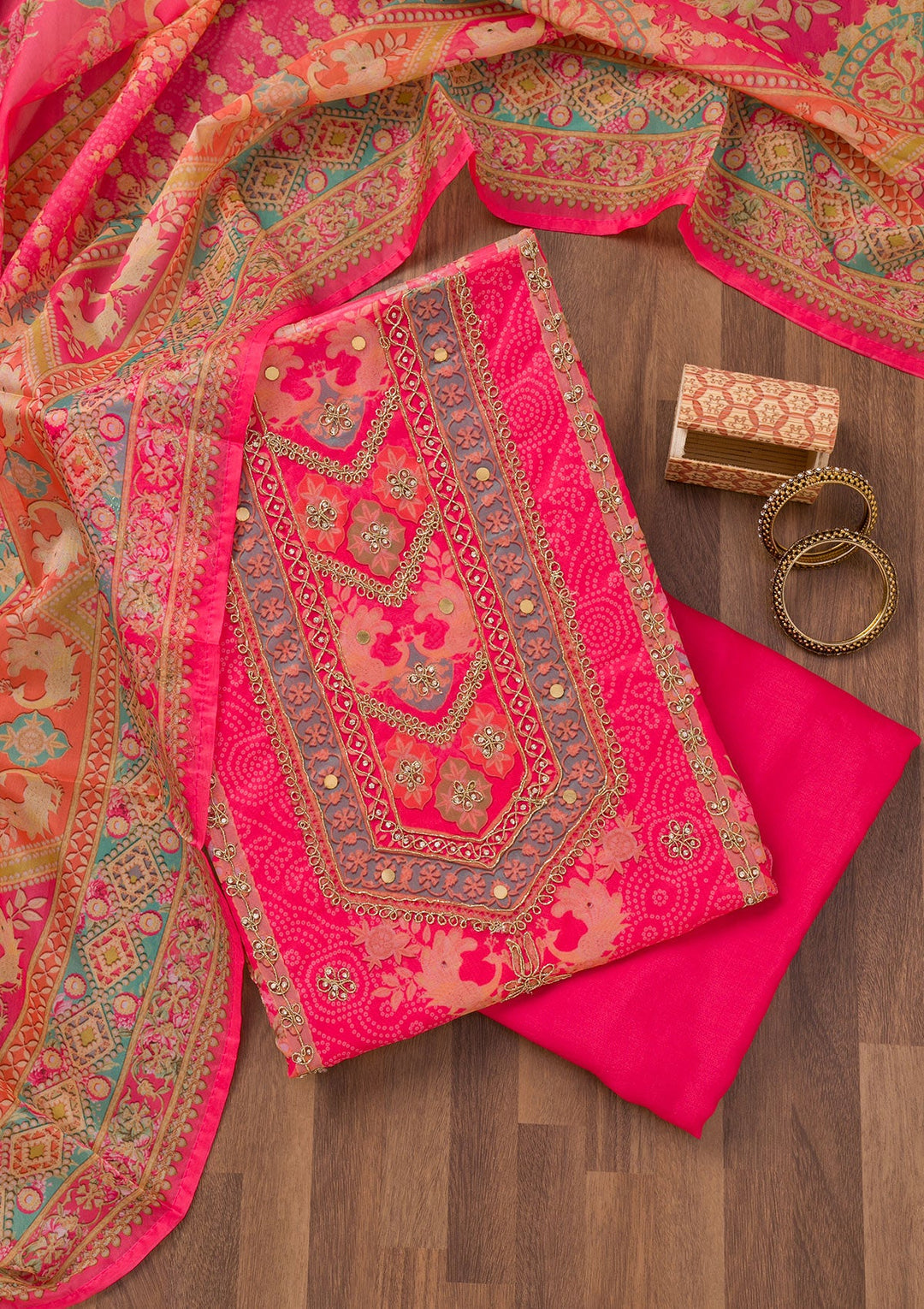 Rani Pink Printed Chanderi Unstitched Salwar Suit-Koskii