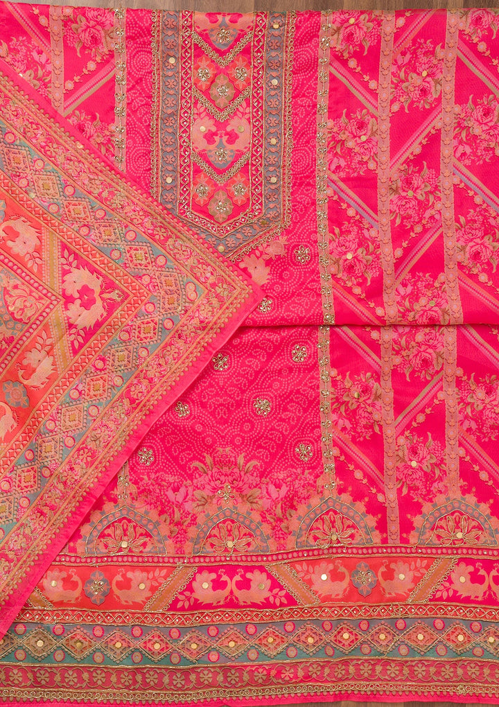 Rani Pink Printed Chanderi Unstitched Salwar Suit-Koskii
