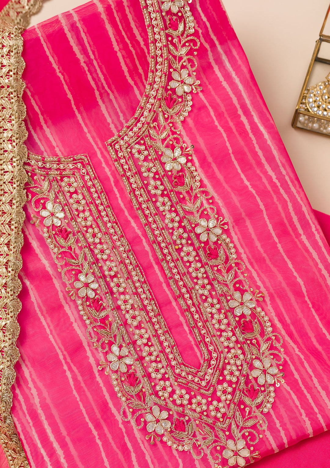 Rani Pink Printed Organza Unstitched Salwar Suit-Koskii