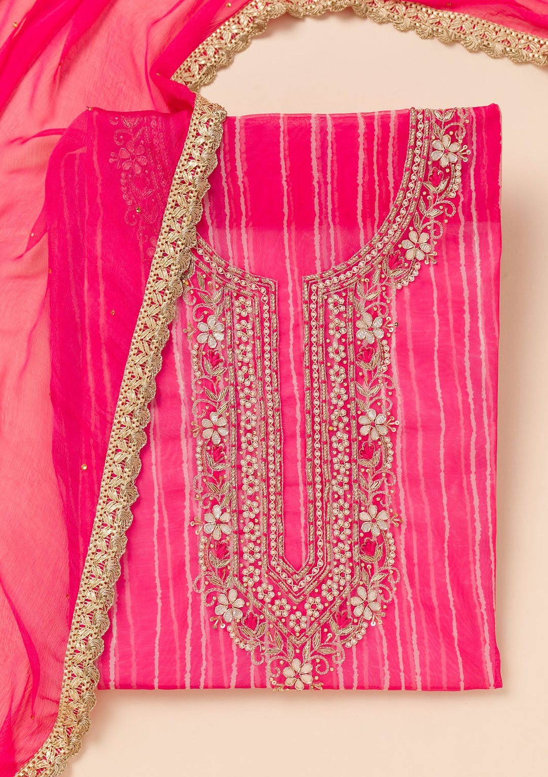 Rani Pink Printed Organza Unstitched Salwar Suit-Koskii