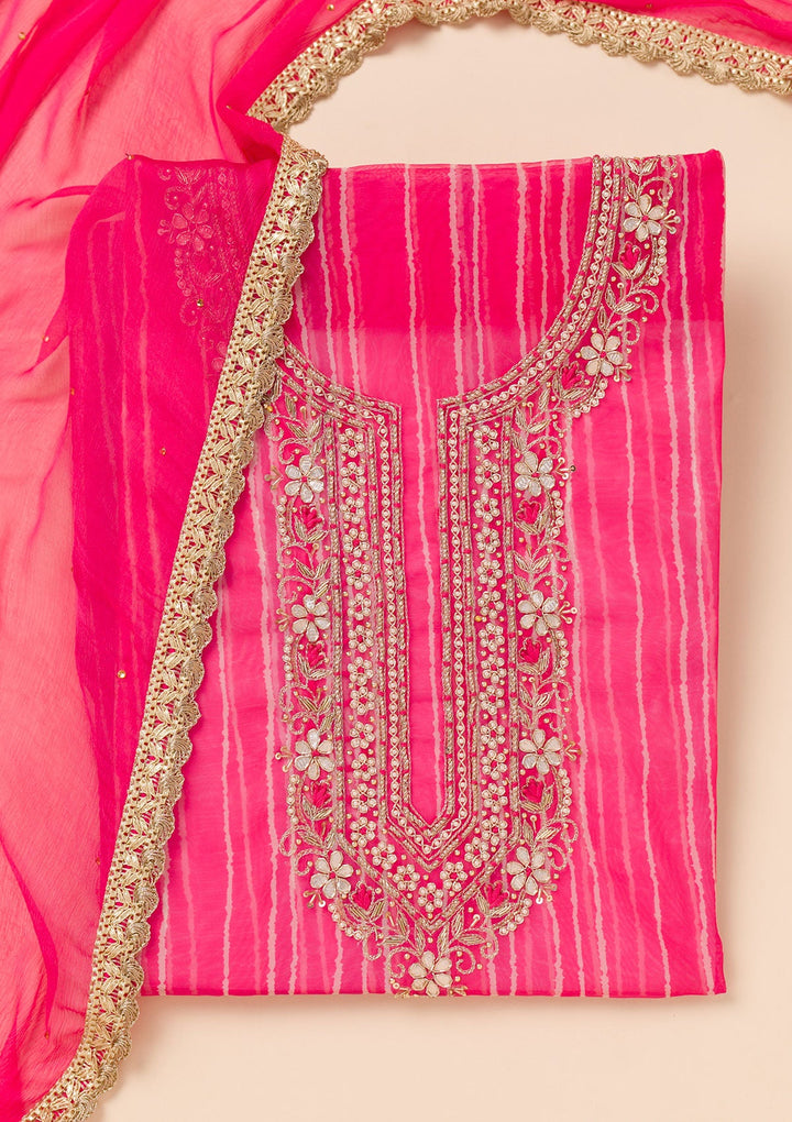 Rani Pink Printed Organza Unstitched Salwar Suit-Koskii