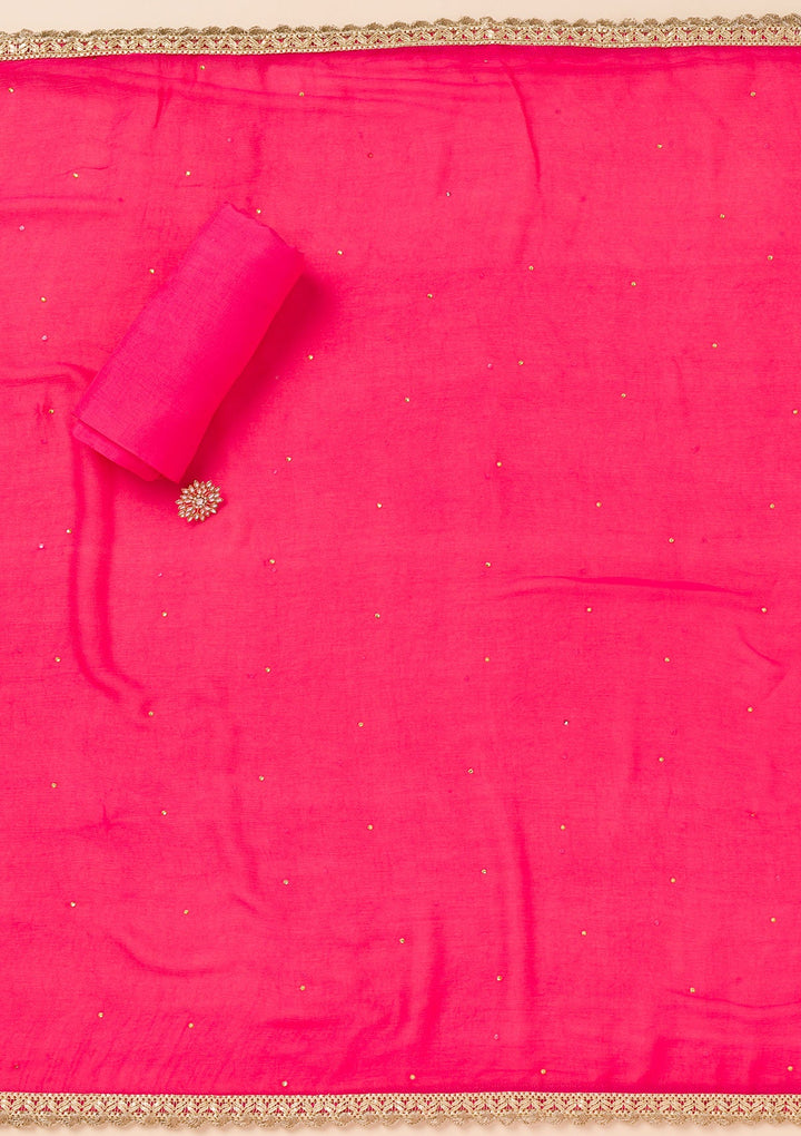 Rani Pink Printed Organza Unstitched Salwar Suit-Koskii