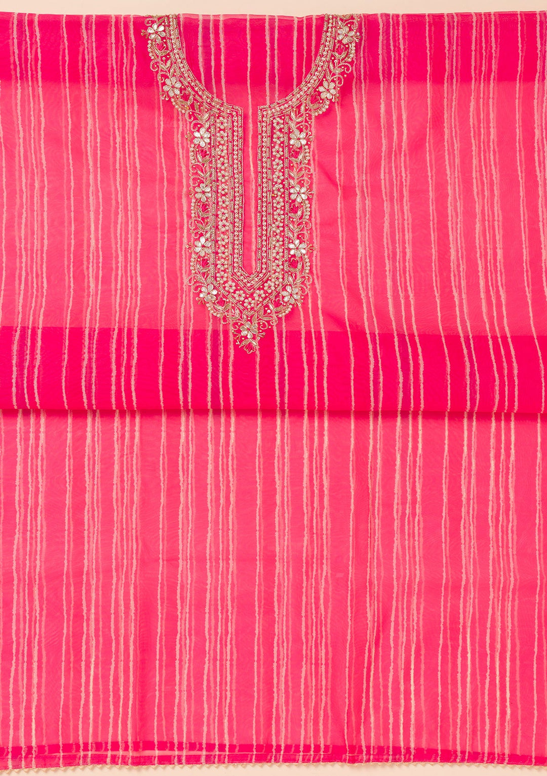 Rani Pink Printed Organza Unstitched Salwar Suit-Koskii