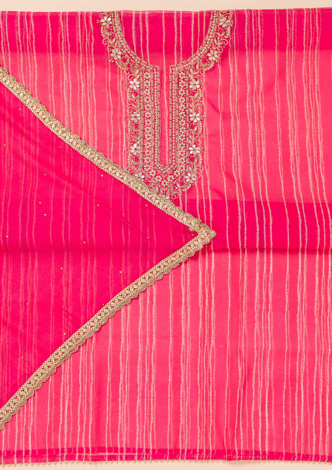 Rani Pink Printed Organza Unstitched Salwar Suit-Koskii