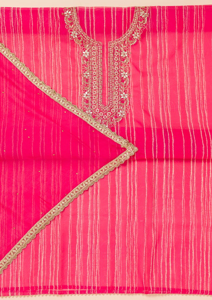 Rani Pink Printed Organza Unstitched Salwar Suit-Koskii