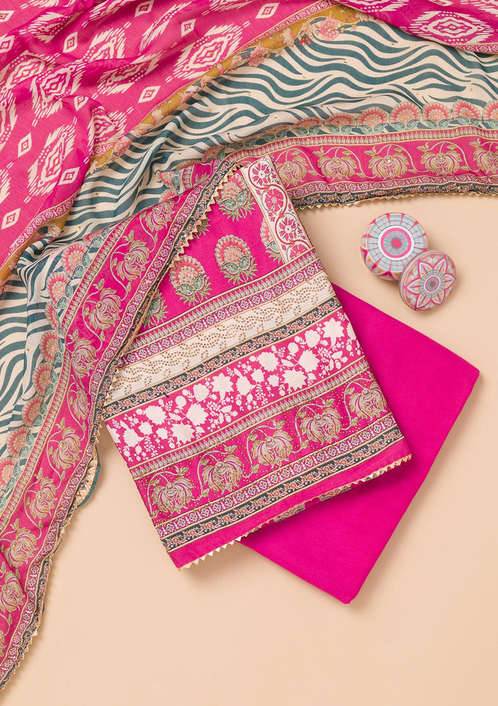 Rani Pink Printed Semi Crepe Unstitched Salwar Suit-Koskii