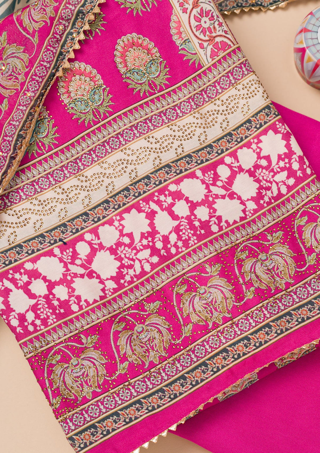 Rani Pink Printed Semi Crepe Unstitched Salwar Suit-Koskii