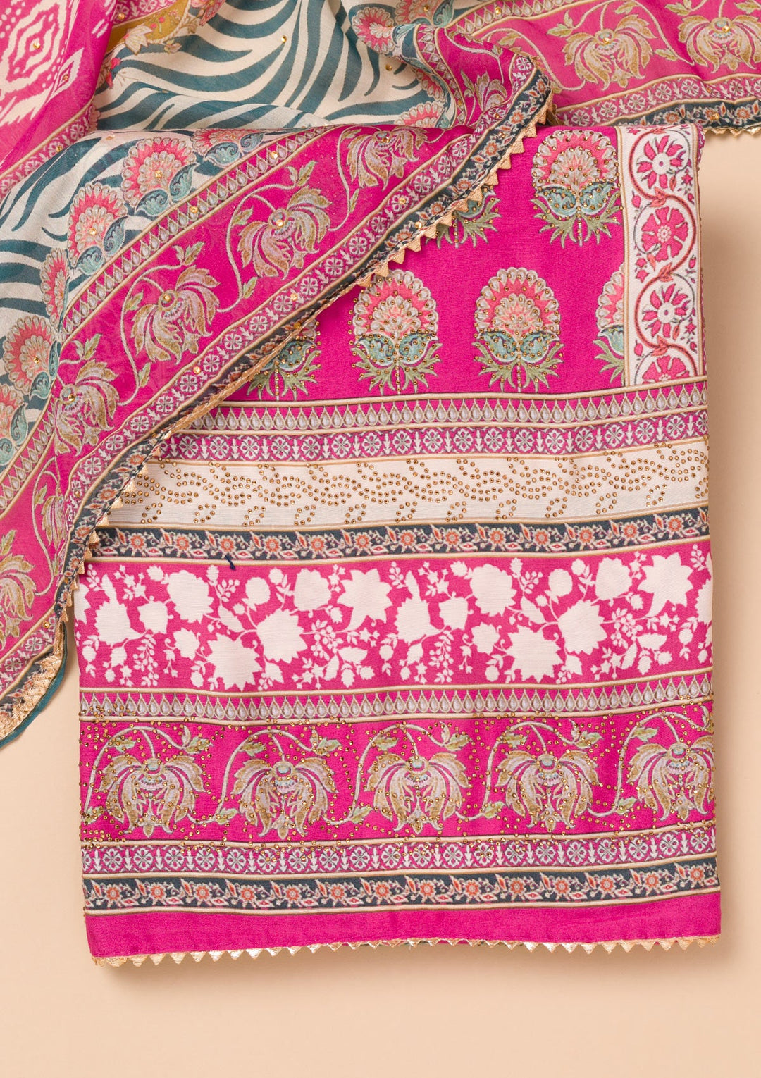 Rani Pink Printed Semi Crepe Unstitched Salwar Suit-Koskii