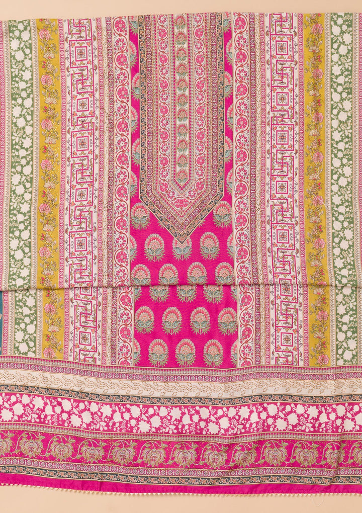 Rani Pink Printed Semi Crepe Unstitched Salwar Suit-Koskii