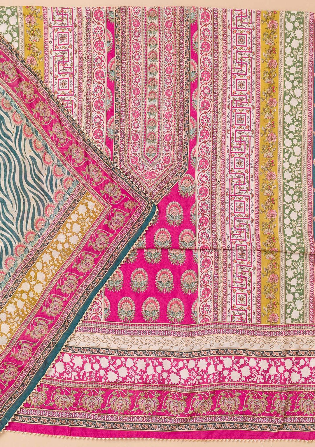 Rani Pink Printed Semi Crepe Unstitched Salwar Suit-Koskii
