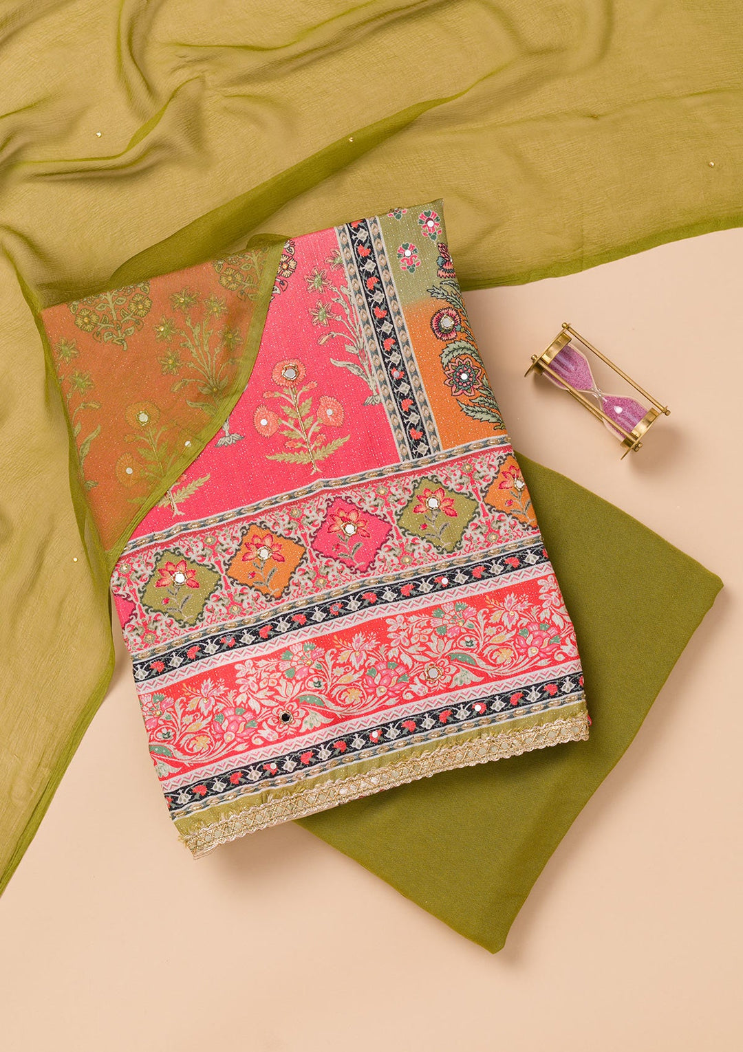 Rani Pink Printed Semi Crepe Unstitched Salwar Suit-Koskii