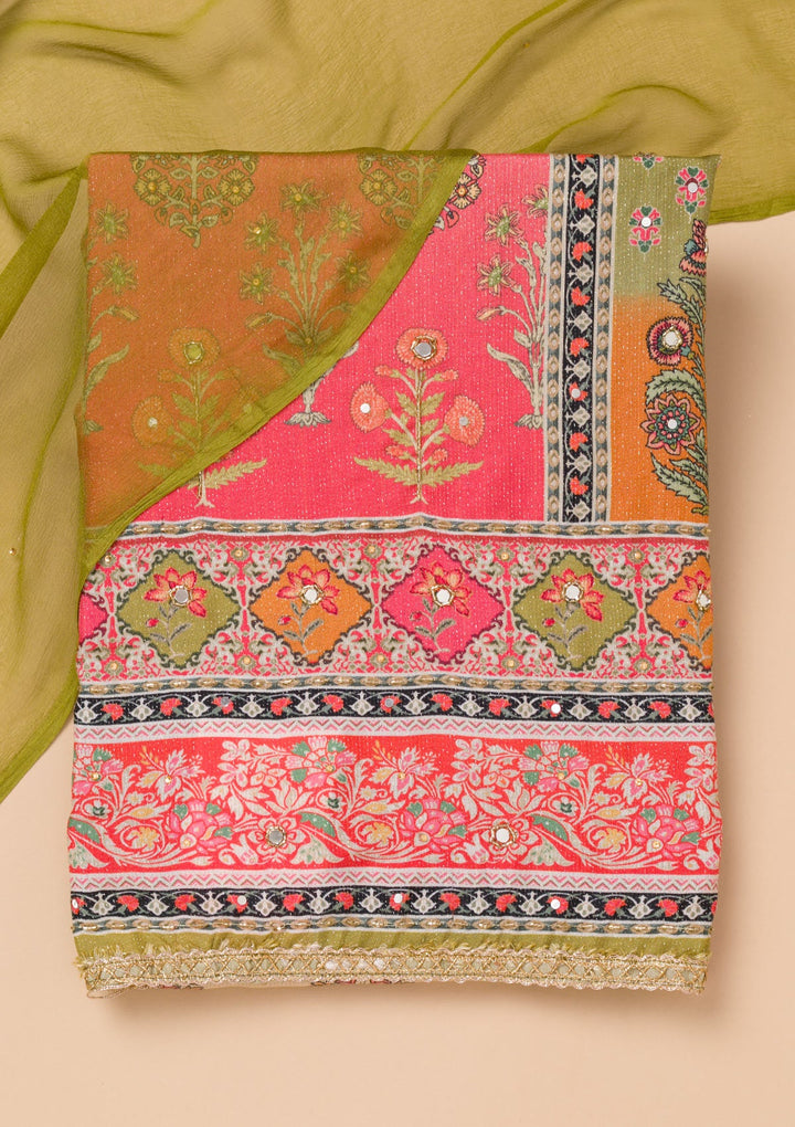 Rani Pink Printed Semi Crepe Unstitched Salwar Suit-Koskii