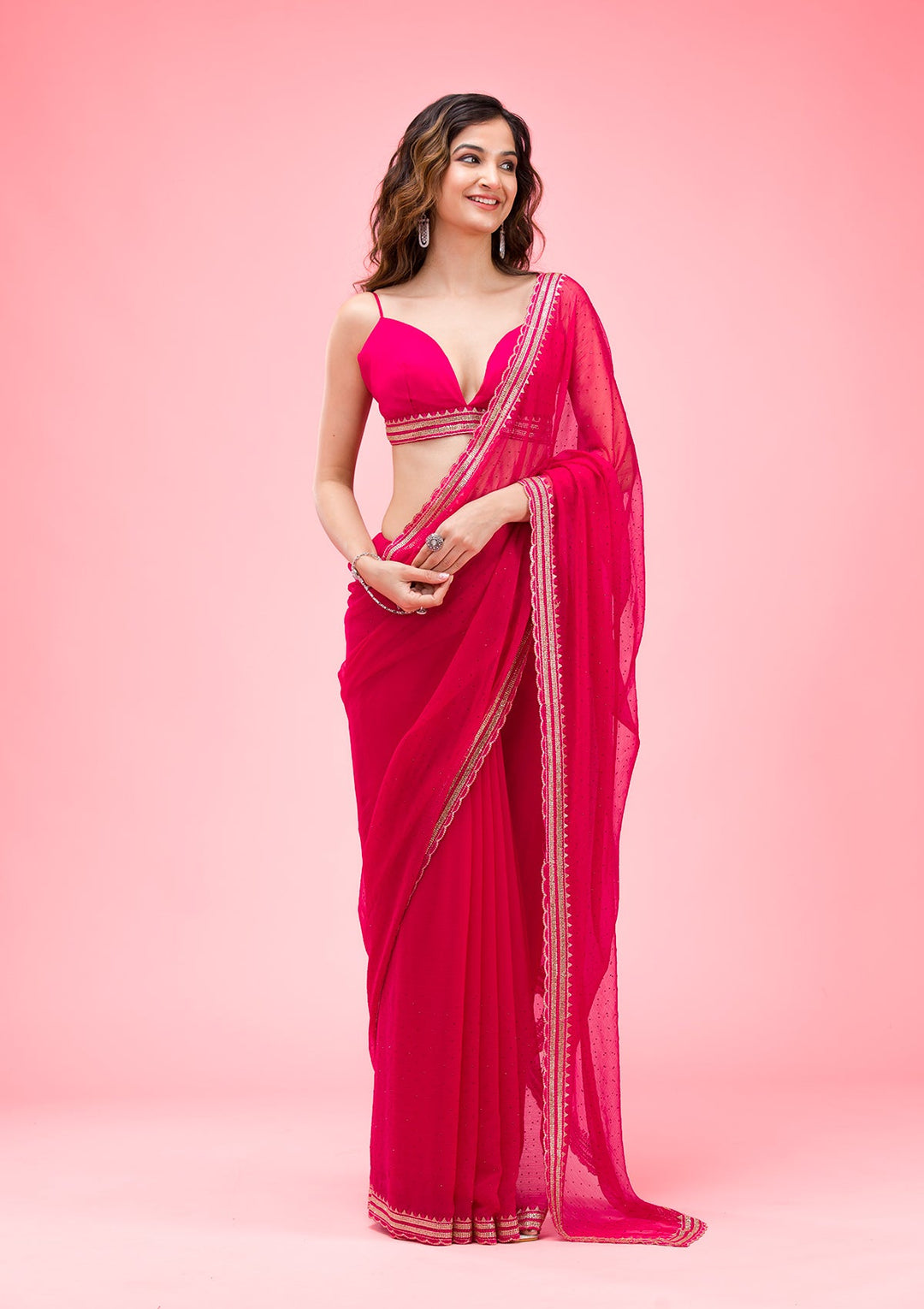 Rani Pink Threadwork Chiffon Saree-Koskii
