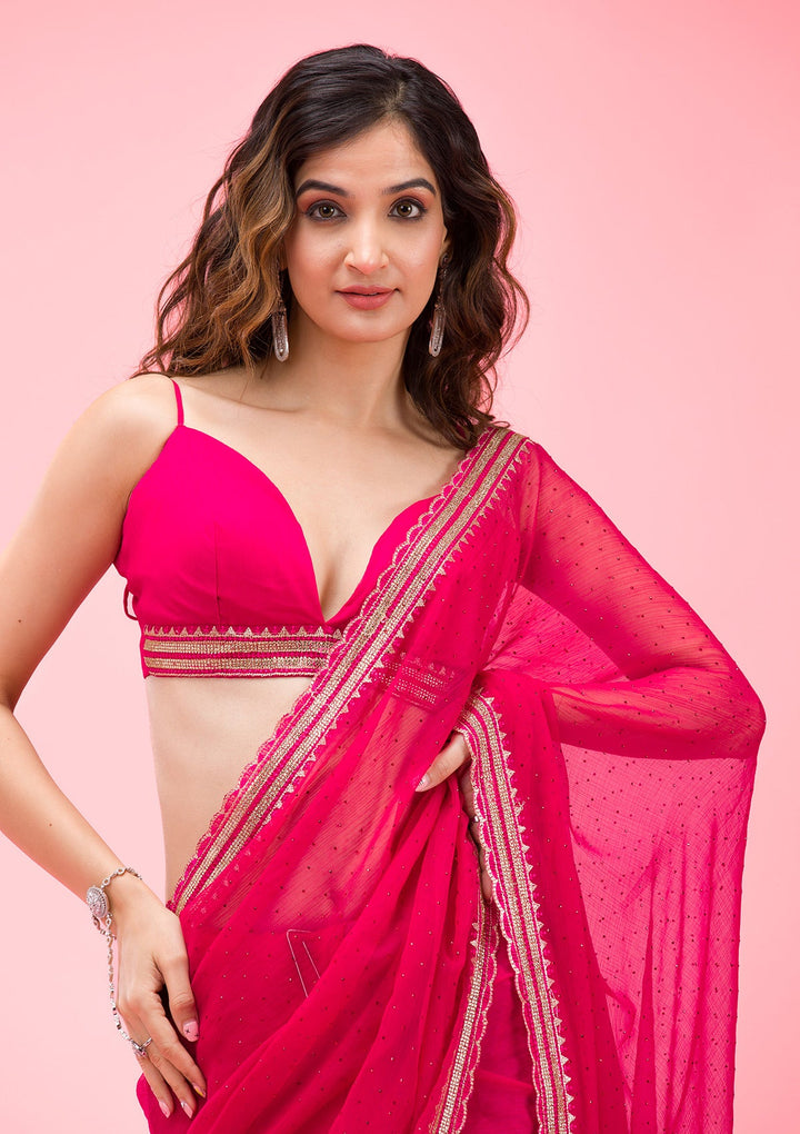 Rani Pink Threadwork Chiffon Saree-Koskii