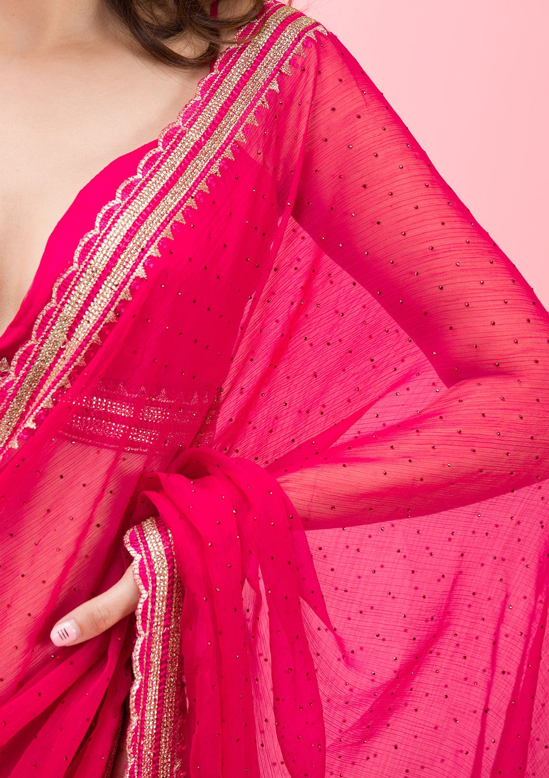 Rani Pink Threadwork Chiffon Saree-Koskii