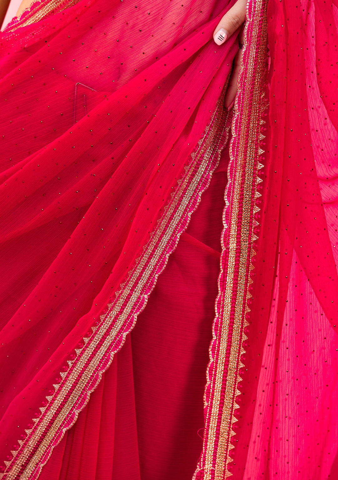 Rani Pink Threadwork Chiffon Saree-Koskii