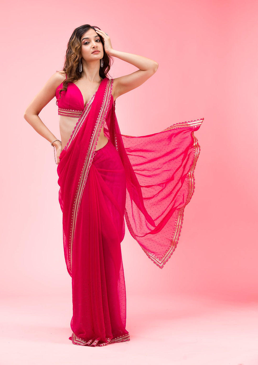 Rani Pink Threadwork Chiffon Saree-Koskii