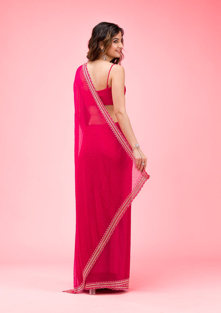 Rani Pink Threadwork Chiffon Saree-Koskii