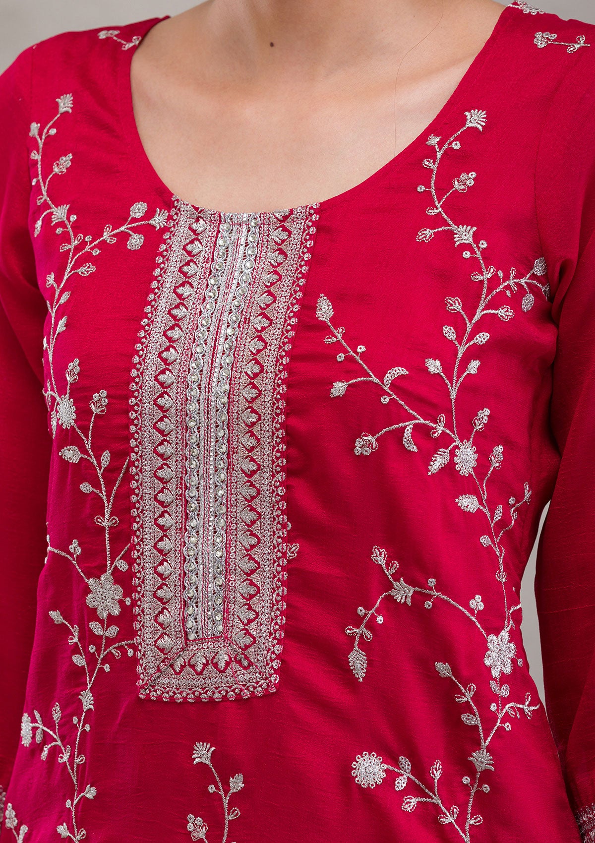 Red Threadwork Raw Silk Readymade Salwar Kameez
