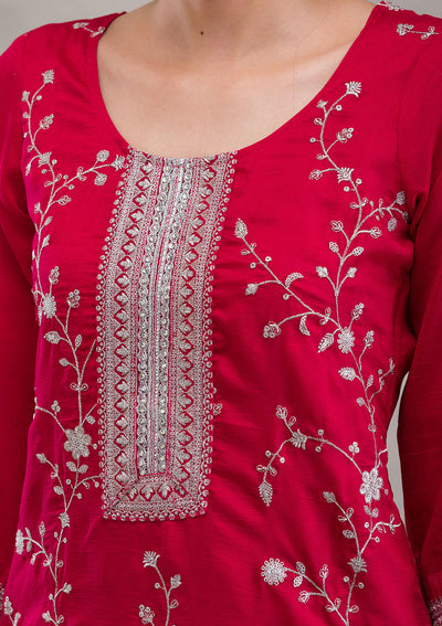 Red Threadwork Raw Silk Readymade Salwar Kameez