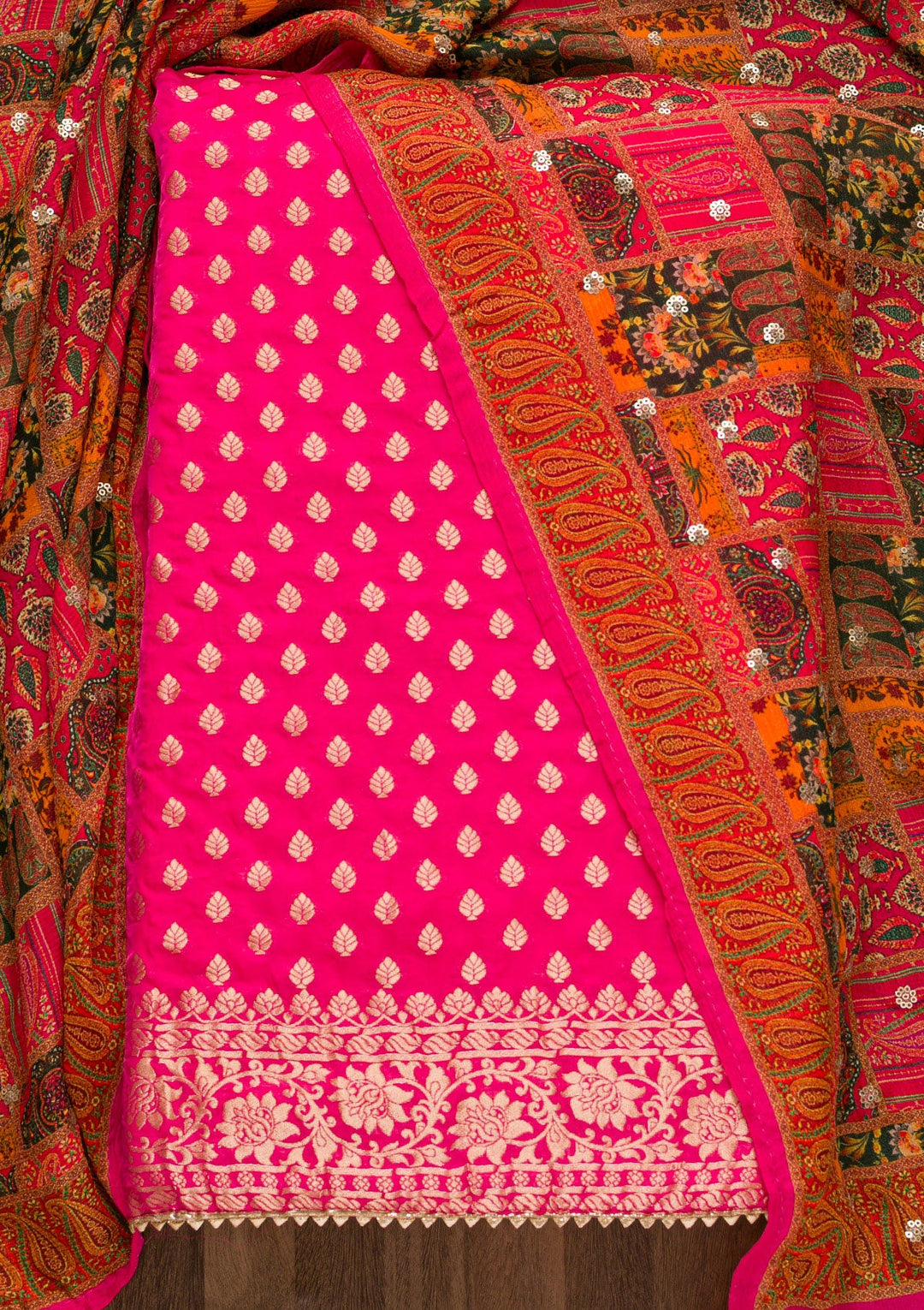 Rani Pink Zariwork Banarasi Unstitched Salwar Suit-Koskii