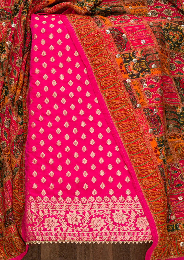 Rani Pink Zariwork Banarasi Unstitched Salwar Suit-Koskii