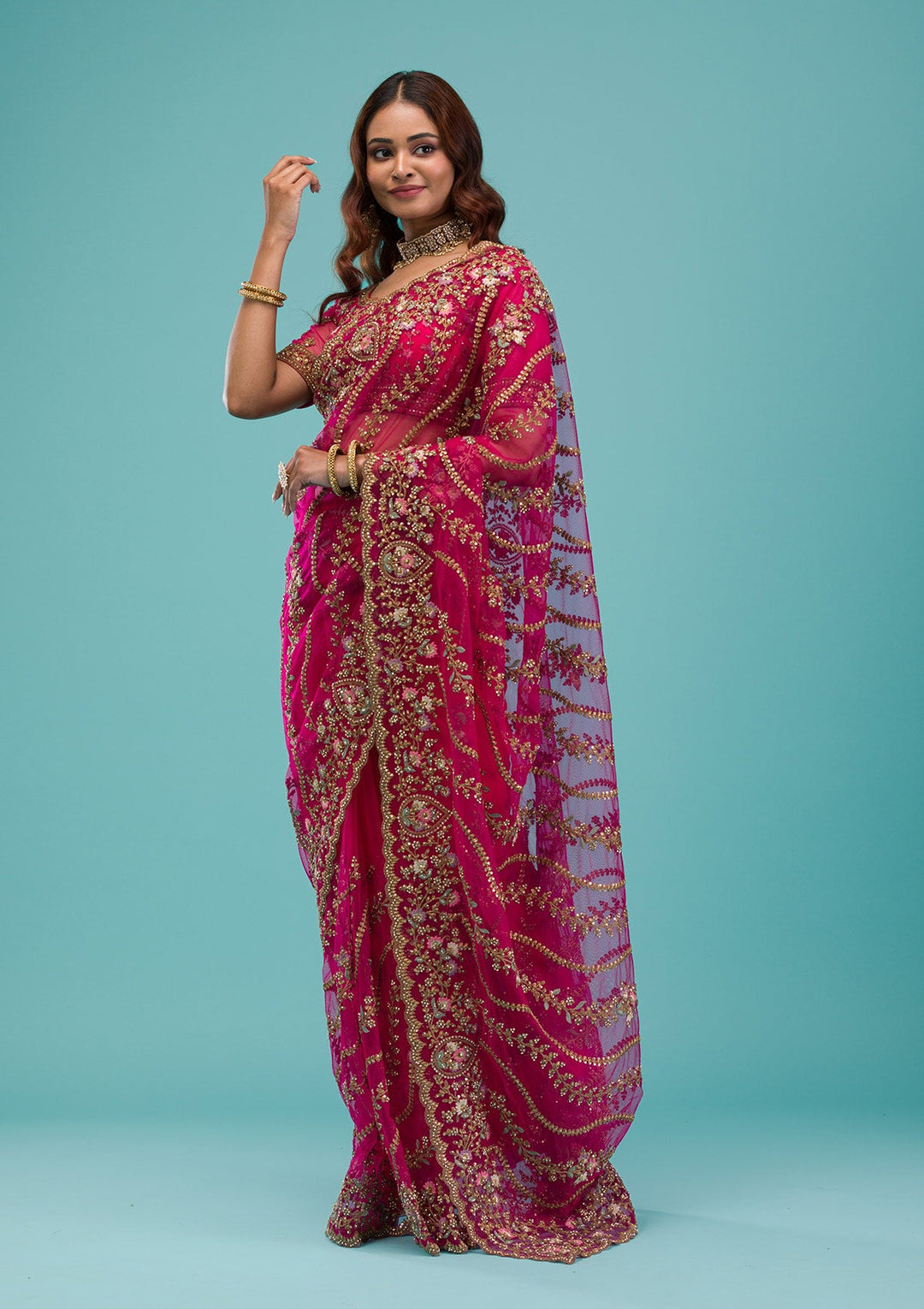 Rani Pink Zariwork Net Saree-Koskii