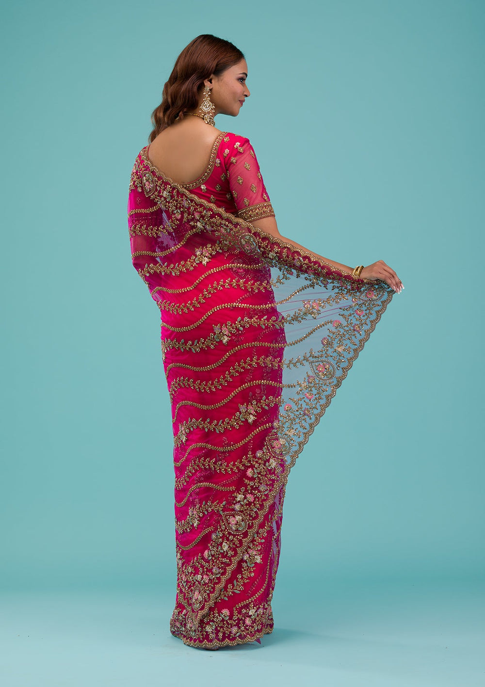 Rani Pink Zariwork Net Saree-Koskii
