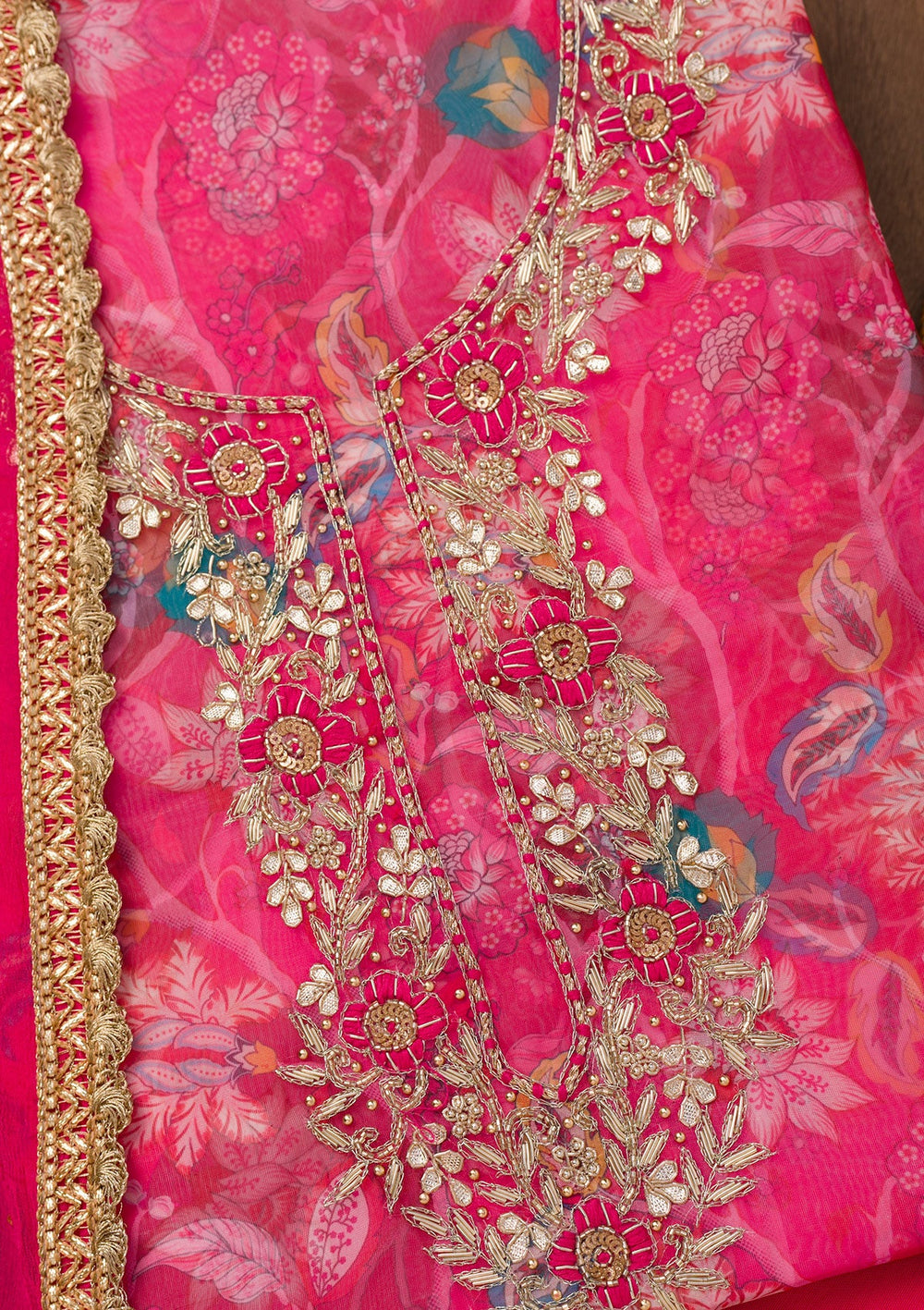 Rani Pink Zariwork Organza Unstitched Salwar Suit-Koskii
