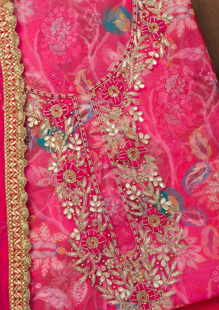 Rani Pink Zariwork Organza Unstitched Salwar Suit-Koskii