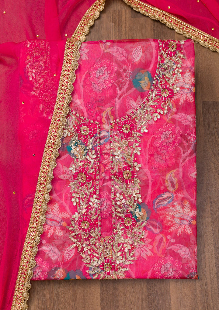 Rani Pink Zariwork Organza Unstitched Salwar Suit-Koskii