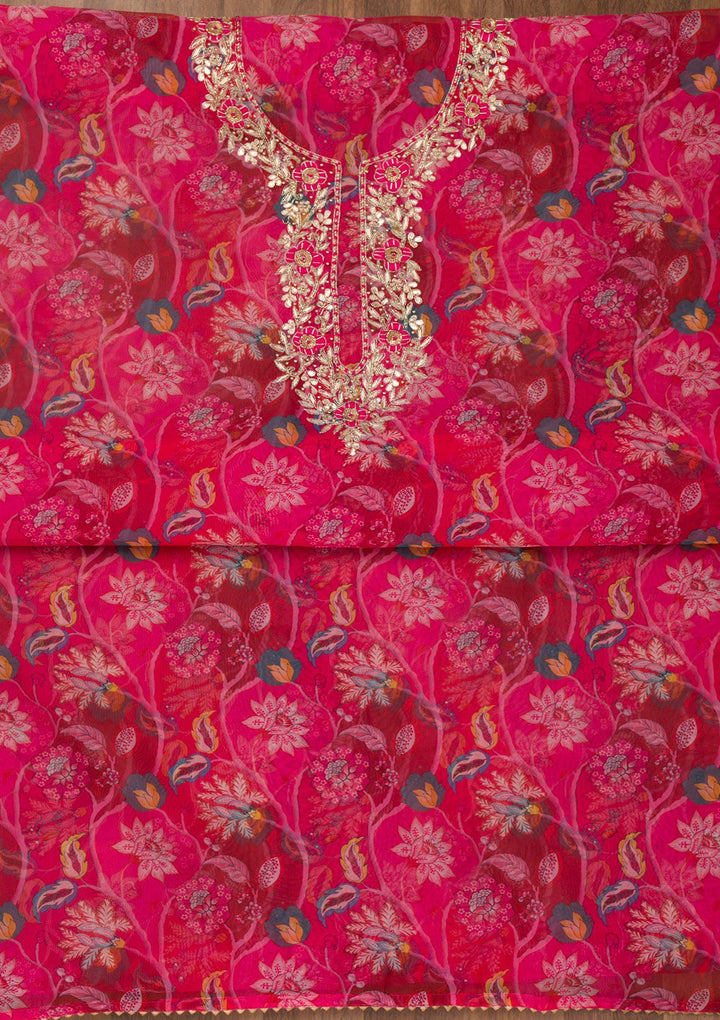 Rani Pink Zariwork Organza Unstitched Salwar Suit-Koskii