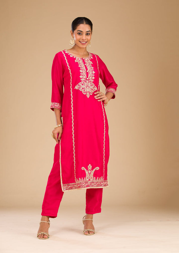 Rani Pink Zariwork Semi Crepe Readymade Salwar Suit-Koskii