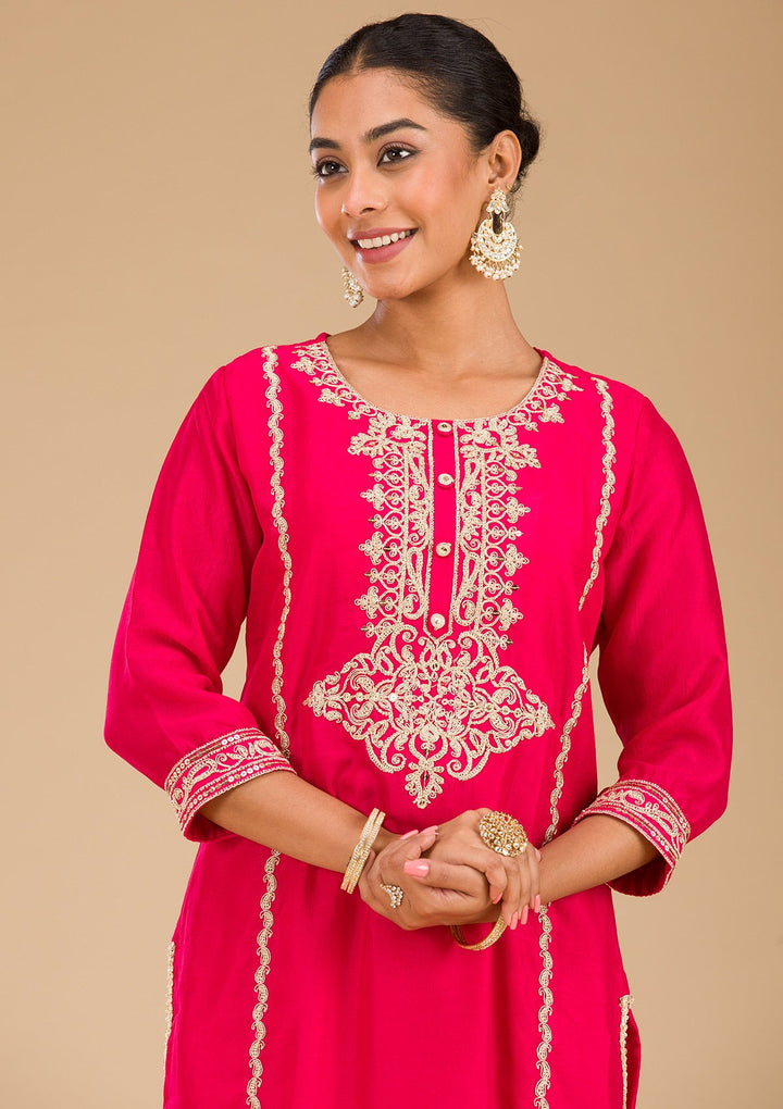 Rani Pink Zariwork Semi Crepe Readymade Salwar Suit-Koskii