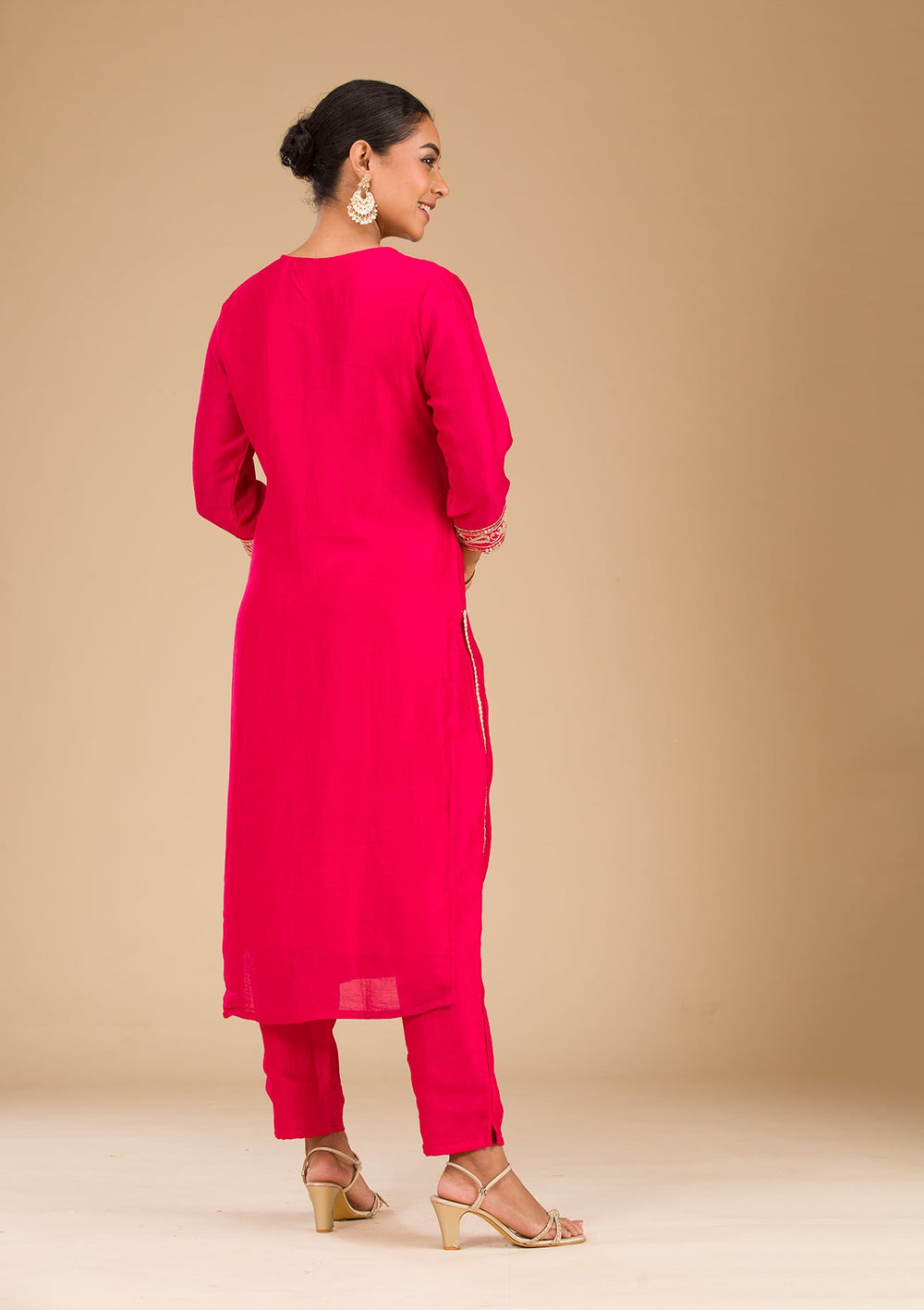 Rani Pink Zariwork Semi Crepe Readymade Salwar Suit-Koskii