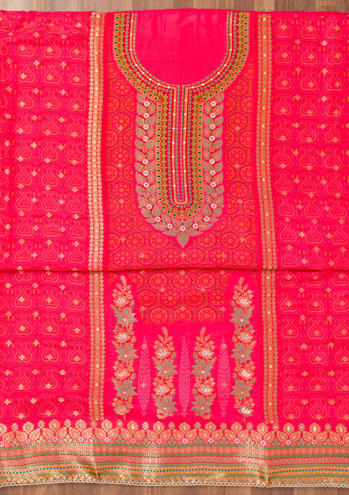 Rani Pink Zariwork Semi Crepe Unstitched Salwar Suit-Koskii