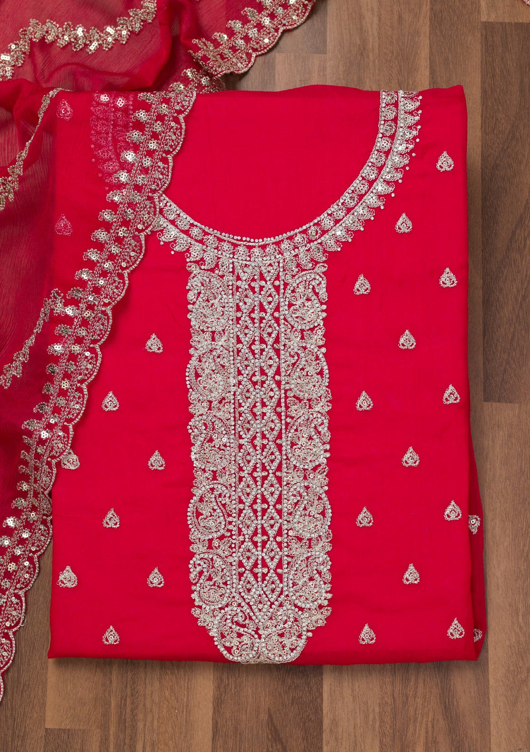 Rani Pink Zariwork Semi Crepe Unstitched Salwar Suit-Koskii