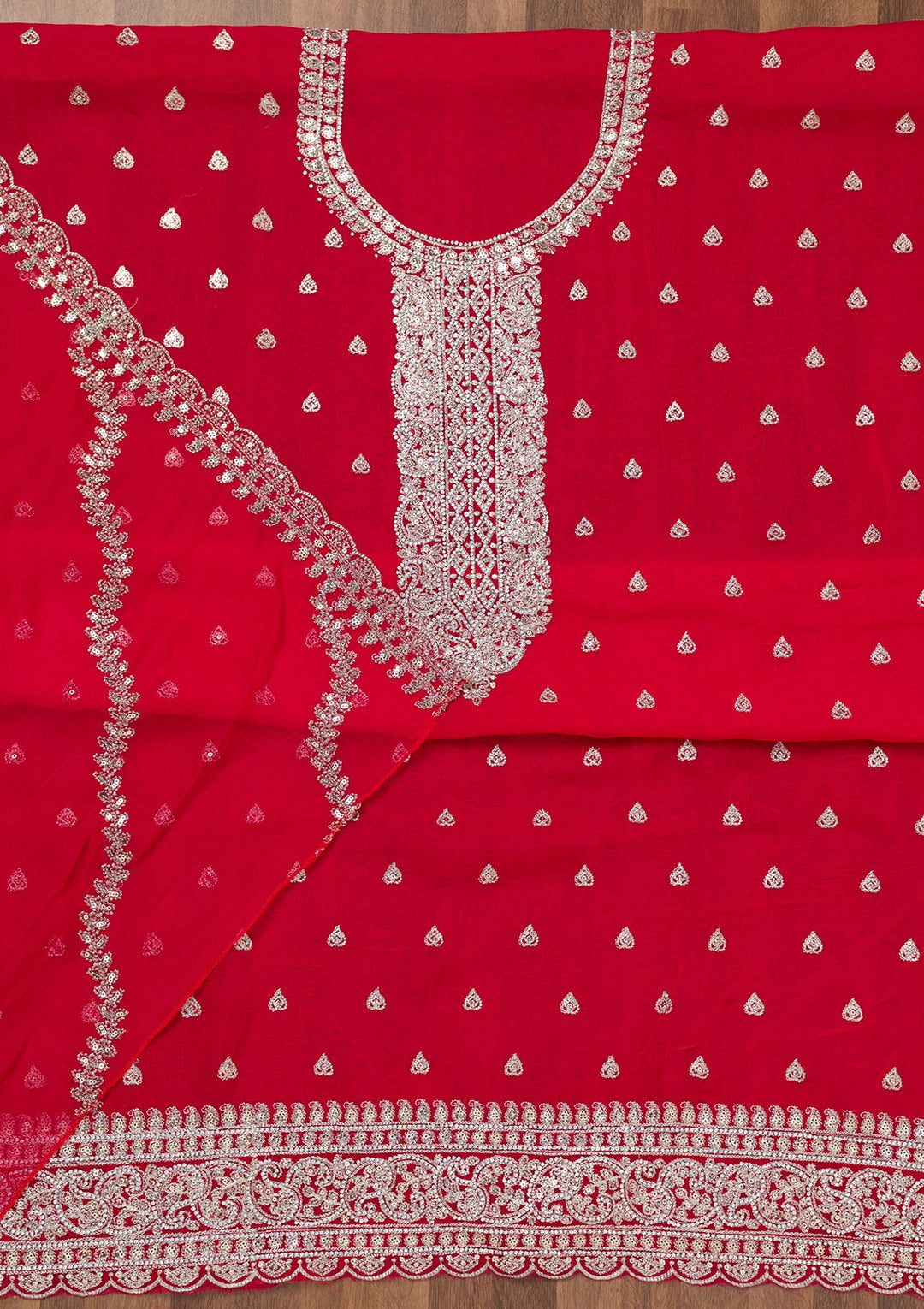 Rani Pink Zariwork Semi Crepe Unstitched Salwar Suit-Koskii