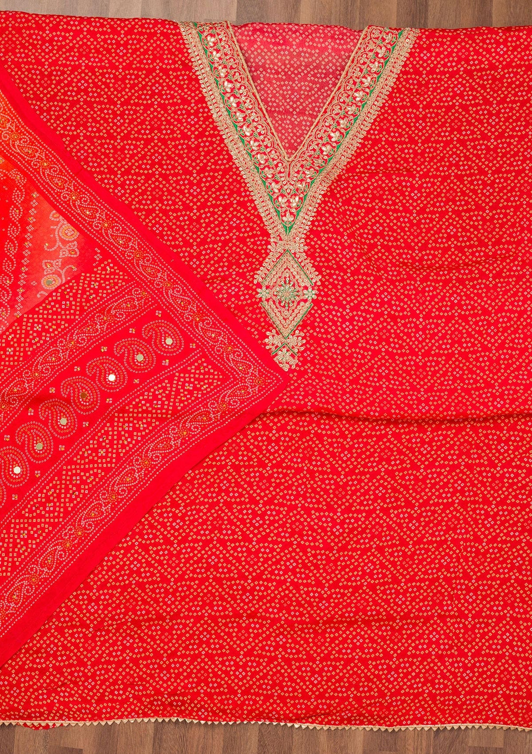 Red Printed Chiffon Unstitched Salwar Suit-Koskii