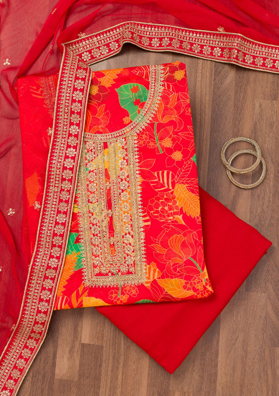 Red Printed Chiffon Unstitched Salwar Suit-Koskii